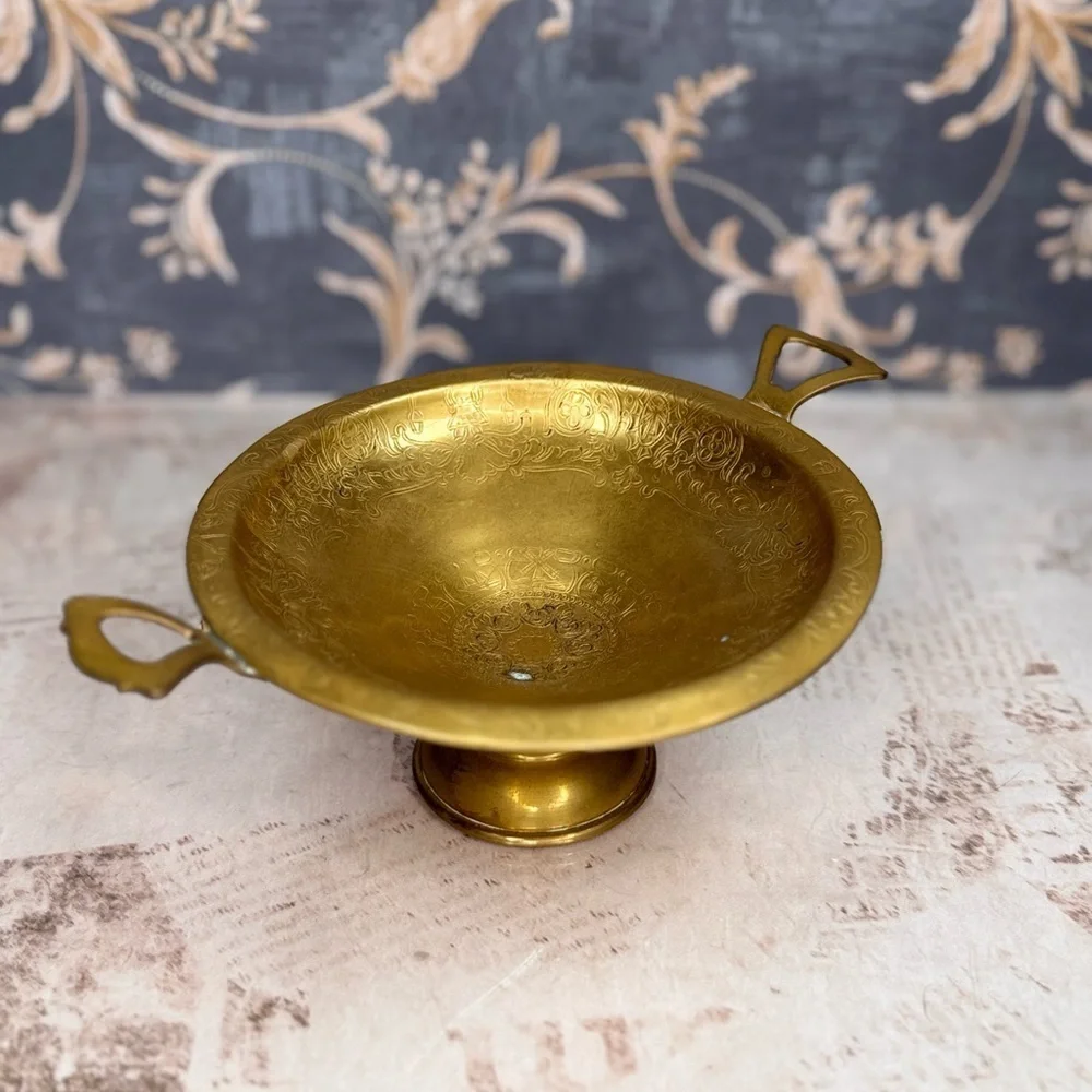 Antique Style Brass Pedestal Bowl w Handles Etched Footed Dish